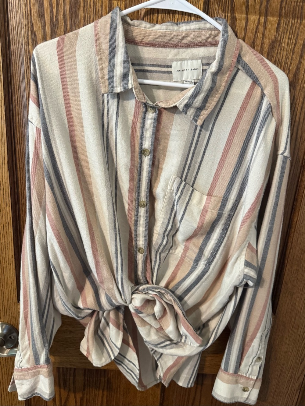 American Eagle Outfitters Striped Button-Up Shirt in Cream, Pink, Blue